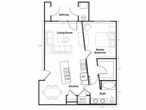 Floor plan for 1 bed, 1 bath, 843 sqft