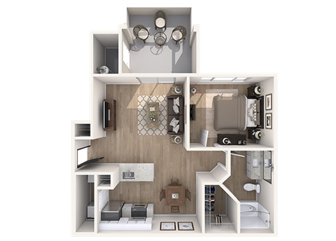 Floor plan for 1 bed, 1 bath, 707 sqft