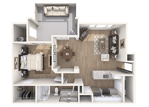 Floor plan for 1 bed, 1 bath, 796 sqft