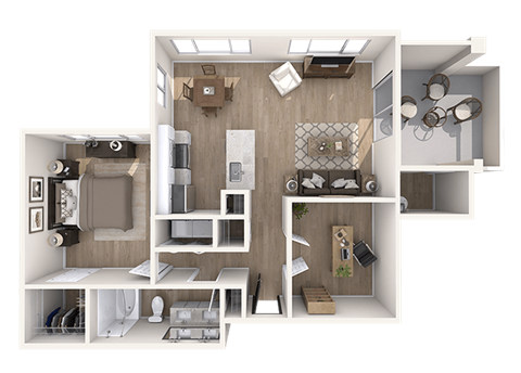Floor plan for 1 bed, 1 bath, 916 sqft