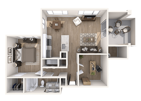 Floor plan for 1 bed, 1 bath, 916 sqft