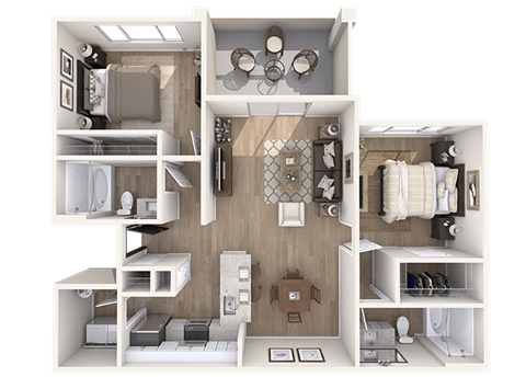 Floor plan for 2 beds, 2 baths, 1022 sqft