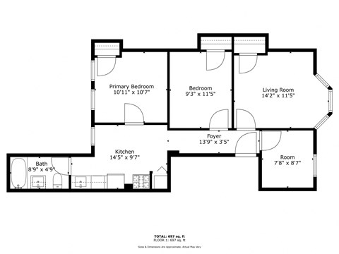 Floor plan for 2 beds, 1 bath, 697 sqft