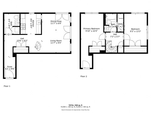 Floor plan for 2 beds, 2 baths, 913 sqft