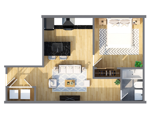 Floor plan for 1 bed, 1 bath, 719 sqft