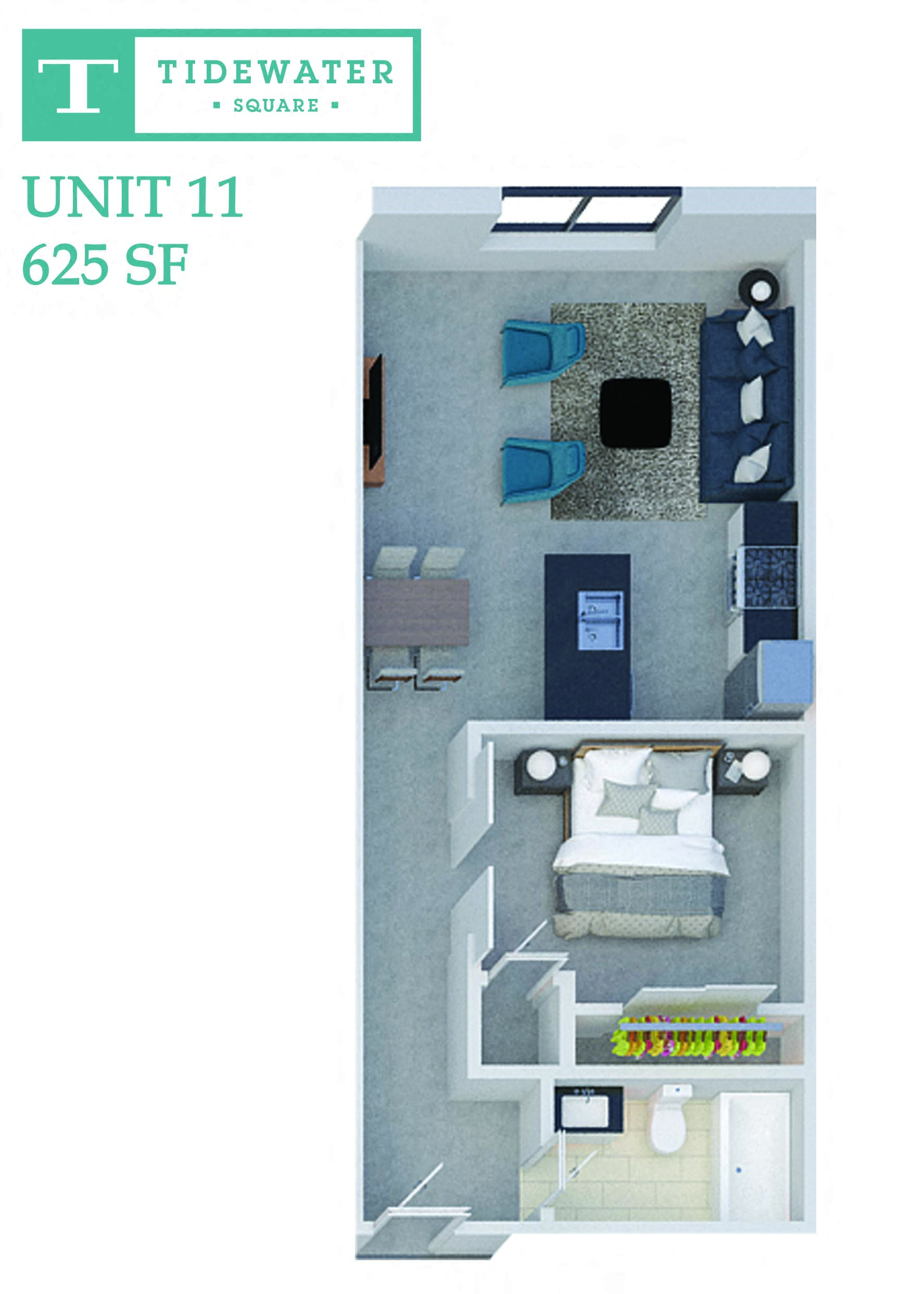Floor plan for 1 bed, 1 bath, 625 sqft