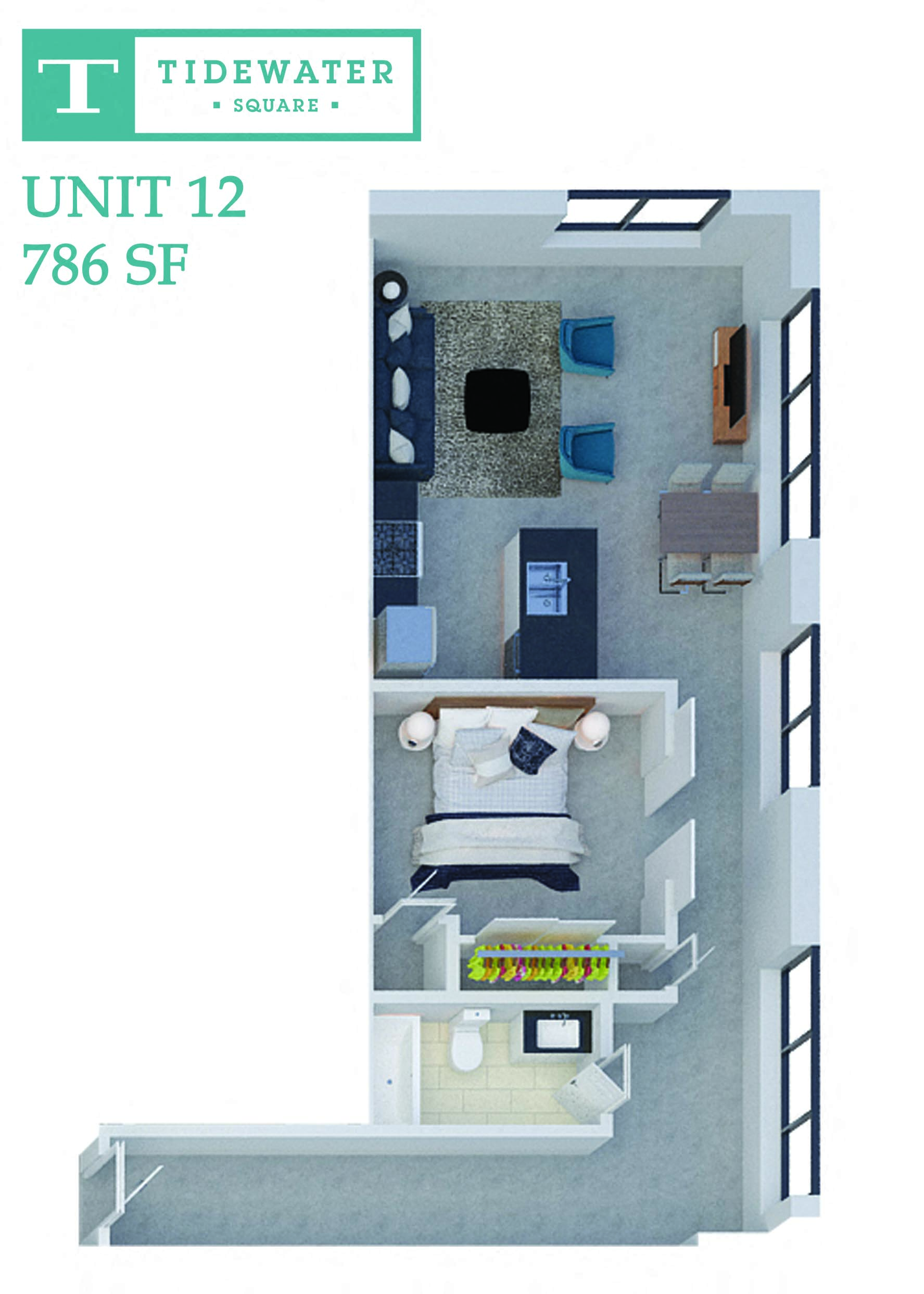 Floor plan for 1 bed, 1 bath, 786 sqft