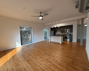 Richmond apartment for rent - A spacious room with wooden flooring and a ceiling fan.