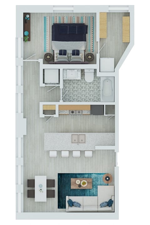 Floor plan for 1 bed, 1 bath, 791 sqft