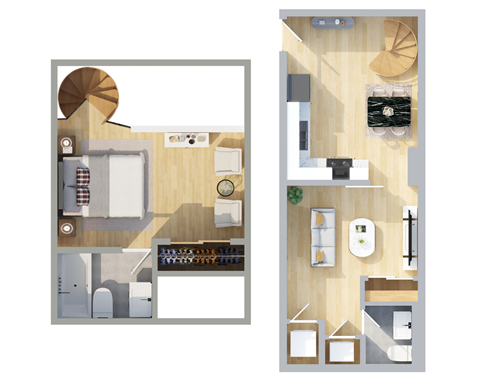 Floor plan for 1 bed, 1.5 baths, 692 sqft