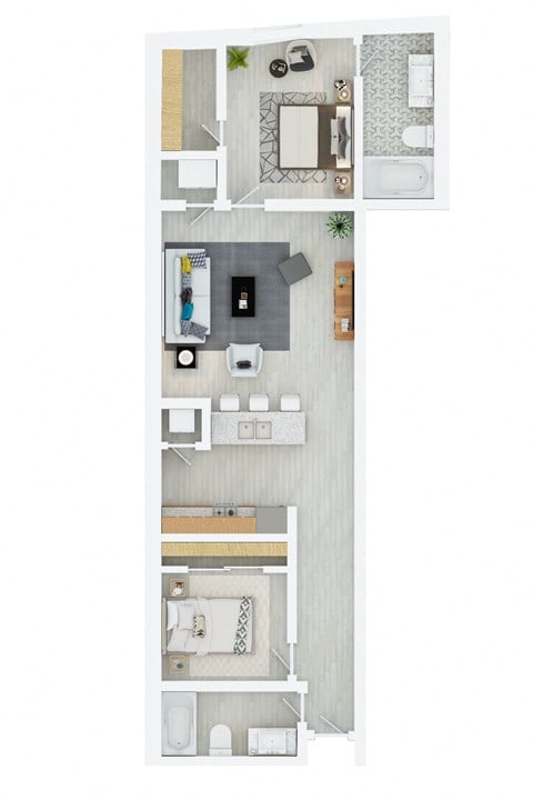 Floor plan for 2 beds, 2 baths, 995 sqft