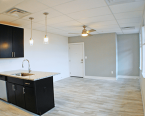 Richmond apartment for rent - A kitchen with black cabinets and a sink.