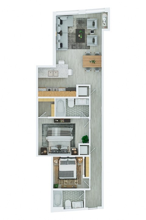 Floor plan for 2 beds, 2 baths, 1034 sqft