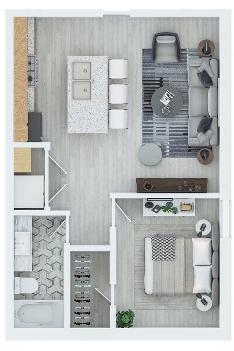 Floor plan for 1 bed, 1 bath, 775 sqft