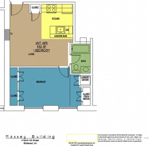 Floor plan for 1 bed, 1 bath, 593 sqft
