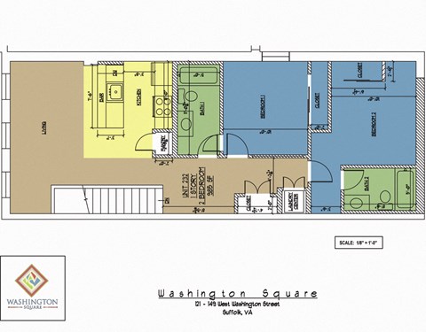 Floor plan for 2 beds, 2 baths, 985 sqft