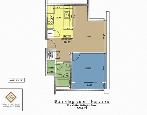 Floor plan for 1 bed, 1 bath, 531 sqft