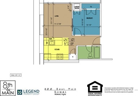 Floor plan for 1 bed, 1 bath, 572 sqft