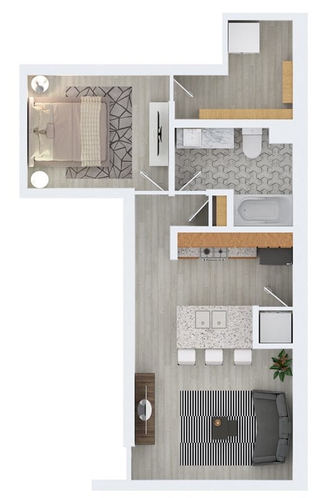 Floor plan for 1 bed, 1 bath, 668 sqft