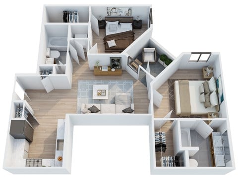 Floor plan for 2 beds, 2 baths, 1068 sqft