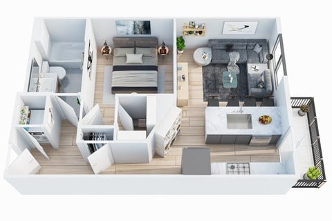Floor plan for 1 bed, 1 bath, 596 sqft