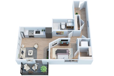 Floor plan for 1 bed, 1 bath, 587 sqft