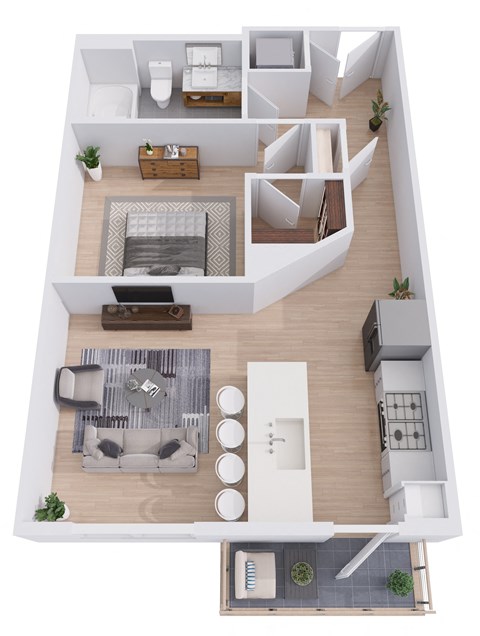 Floor plan for 1 bed, 1 bath, 596 sqft