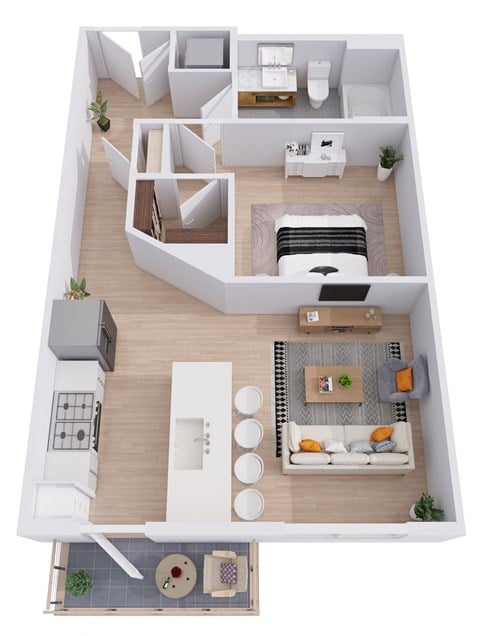 Floor plan for 1 bed, 1 bath, 596 sqft