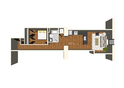Floor plan for 1 bed, 1 bath, 844 sqft