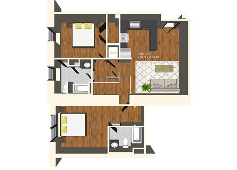 Floor plan for 2 beds, 2 baths, 1032 sqft