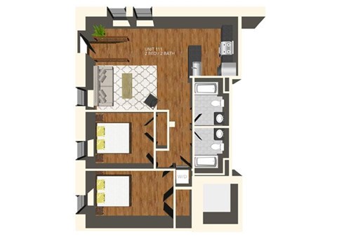 Floor plan for 2 beds, 2 baths, 1016 sqft
