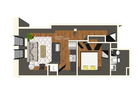 Floor plan for 1 bed, 1 bath, 635 sqft