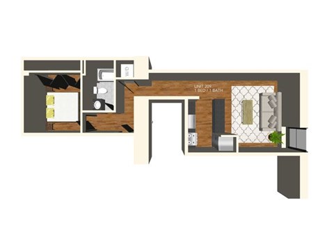 Floor plan for 1 bed, 1 bath, 649 sqft