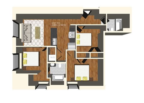 Floor plan for 3 beds, 2 baths, 1110 sqft