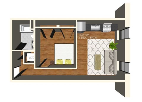 Floor plan for 1 bed, 1 bath, 607 sqft