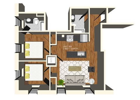 Floor plan for 2 beds, 2 baths, 869 sqft