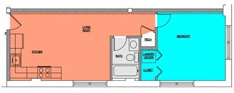 Floor plan for 1 bed, 1 bath, 597 sqft