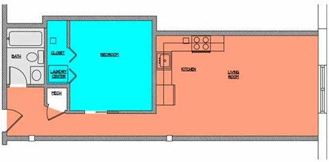 Floor plan for 1 bed, 1 bath, 644 sqft