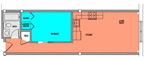 Floor plan for 1 bed, 1 bath, 551 sqft