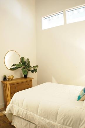 Norfolk apartment for rent - A bedroom with a white bed and a wooden dresser with a round mirror and a plant on top.