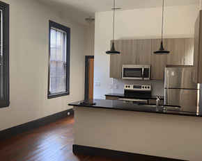 Richmond apartment for rent - A kitchen with a stove top oven and a microwave.