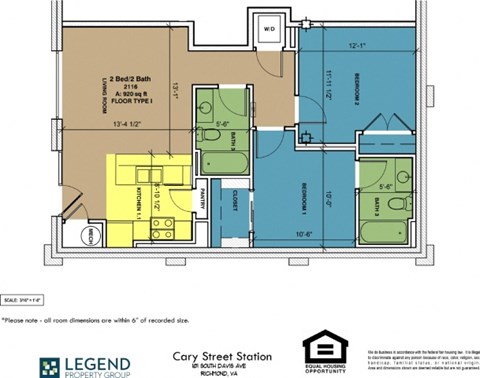 Floor plan for 2 beds, 2 baths, 920 sqft