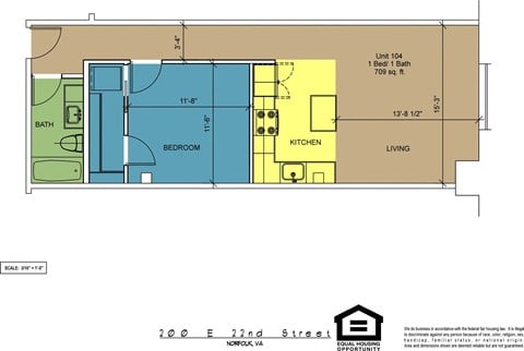 Floor plan for 1 bed, 1 bath, 709 sqft