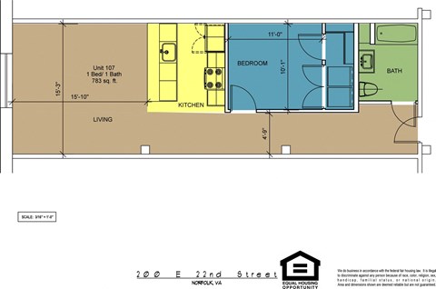 Floor plan for 1 bed, 1 bath, 783 sqft