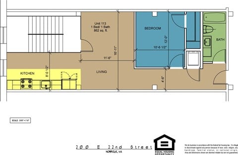 Floor plan for 1 bed, 1 bath, 862 sqft