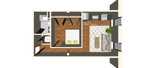 Floor plan for 1 bed, 1 bath, 609 sqft