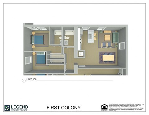 Floor plan for 2 beds, 2 baths, 1074 sqft