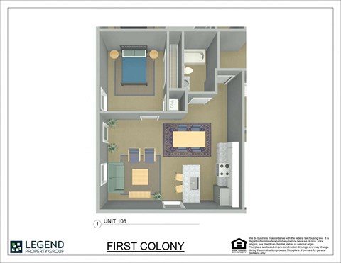 Floor plan for 1 bed, 1 bath, 680 sqft