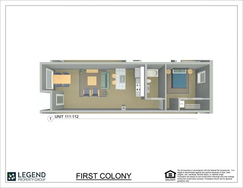 Floor plan for 1 bed, 1 bath, 692 sqft