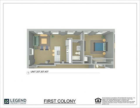 Floor plan for 1 bed, 1 bath, 708 sqft